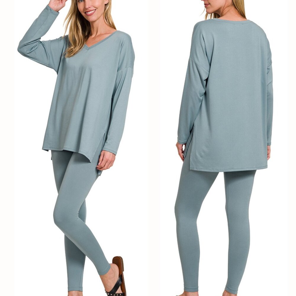 V‑Neck Long‑Sleeve Loungewear Leggings Set – Buttery Soft Brushed DTY Microfiber
